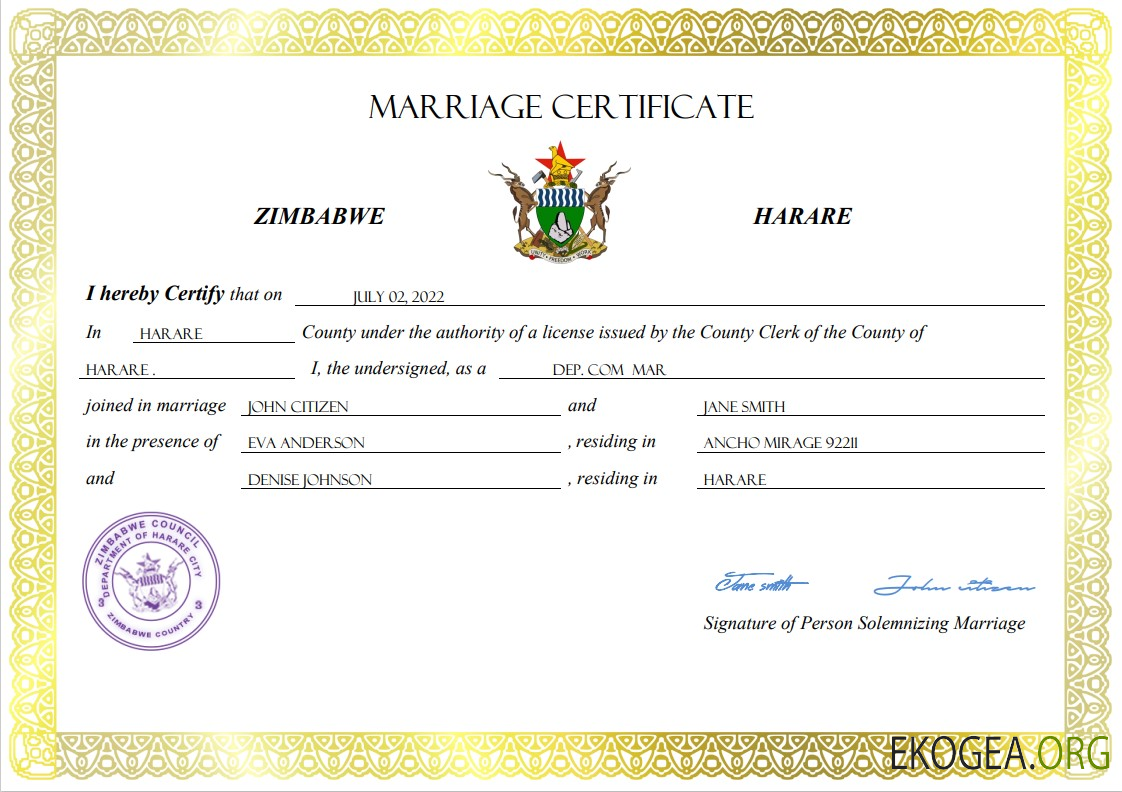 Modèle Word et PDF de certificat de mariage au Zimbabwe